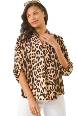 Tops>Roman Natural Animal Print Collar V Neck Top