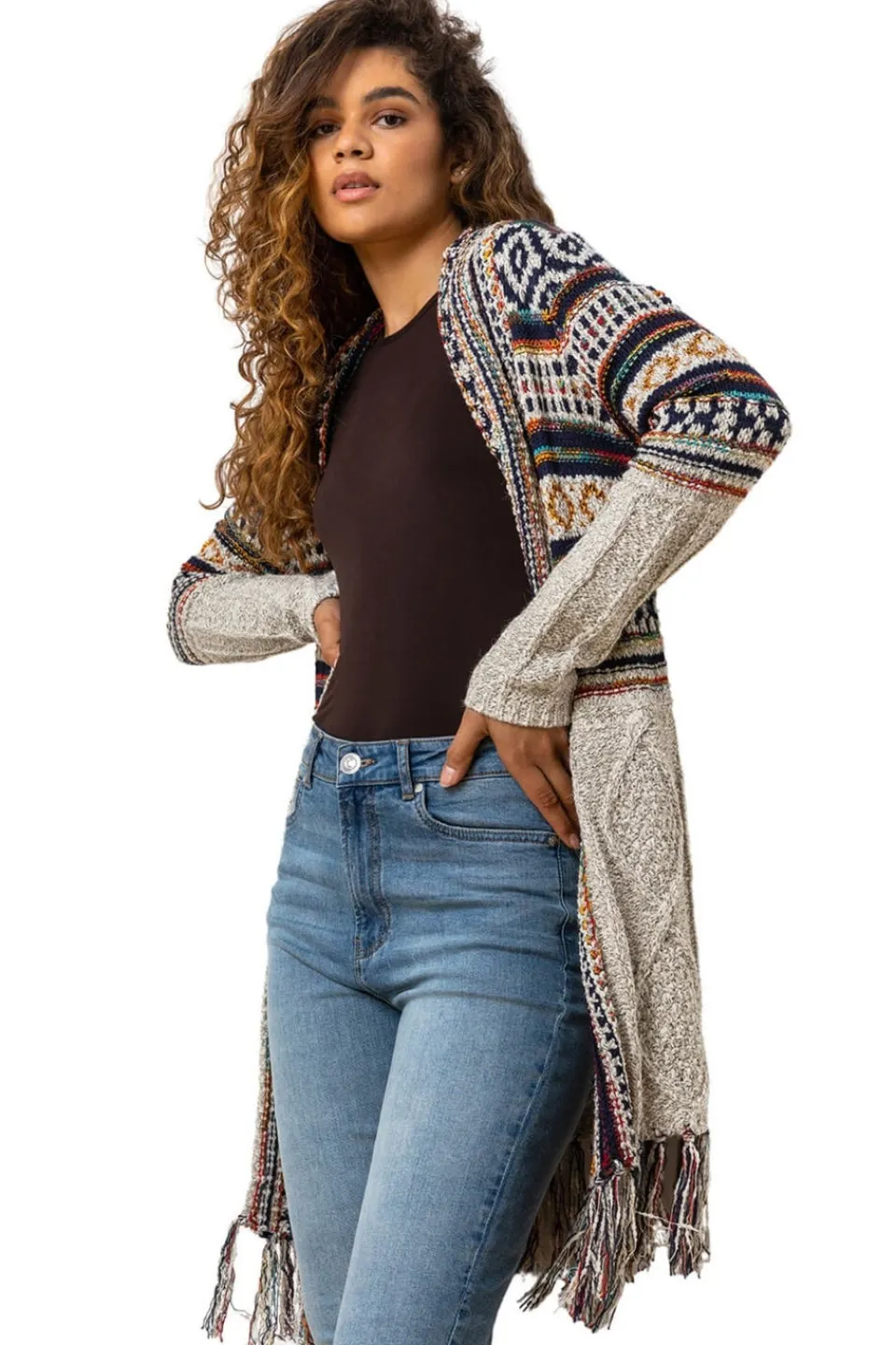 Tops>Roman Natural Aztec Print Tassel Hem Longline Cardigan