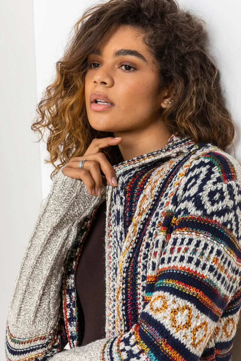Tops>Roman Natural Aztec Print Tassel Hem Longline Cardigan