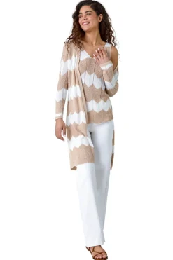 Tops>Roman Natural Chevron Stripe Shimmer Longline Cardigan