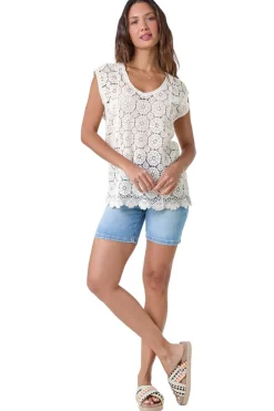 Tops>Roman Natural Cotton Crochet Stretch Knitted Vest