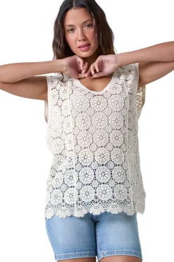 Tops>Roman Natural Cotton Crochet Stretch Knitted Vest
