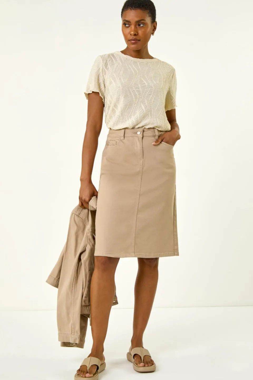Skirts>Roman Natural Cotton Denim Stretch A line Skirt