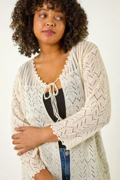 Tops>Roman Natural Curve Crochet Tie Front Cardigan