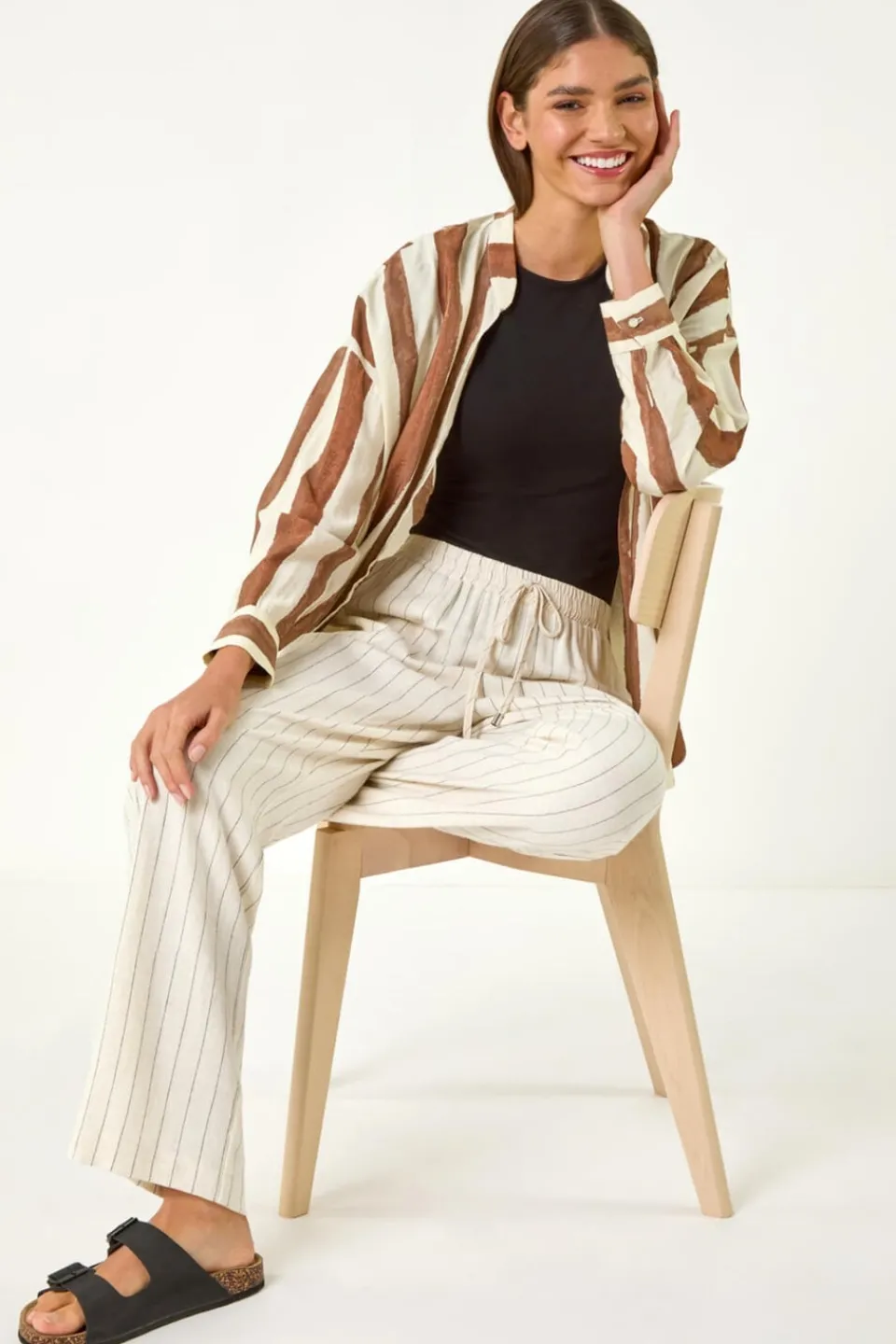 Trousers>Roman Natural Full Length Linen Mix Trouser