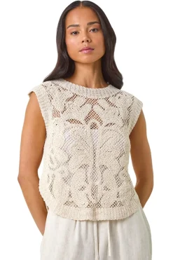 Tops>Roman Natural Petite Curve Hem Crochet Top