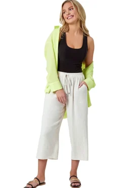 Trousers>Roman Petite Linen Mix Wide Cropped Trousers Natural