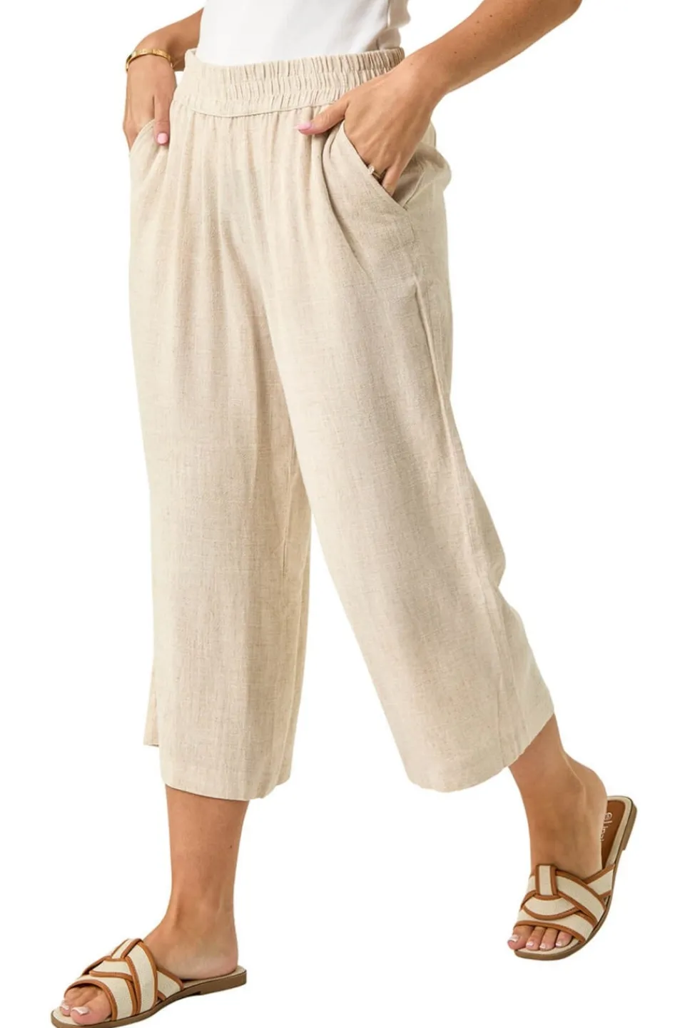 Trousers>Roman Natural Petite Linen Mix Cropped Trouser