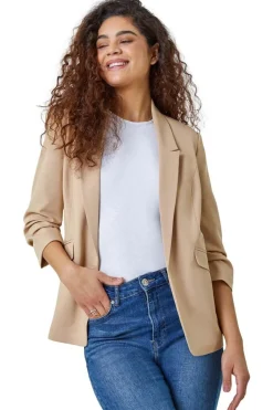 Coats & Jackets>Roman Ruched 3/4 Sleeve Stretch Blazer Jacket Natural