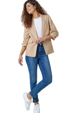 Coats & Jackets>Roman Ruched 3/4 Sleeve  Stretch Blazer Jacket Natural