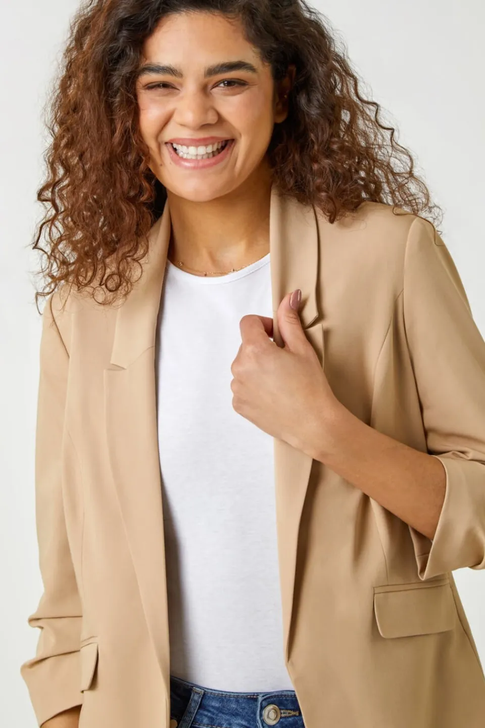 Coats & Jackets>Roman Ruched 3/4 Sleeve Stretch Blazer Jacket Natural