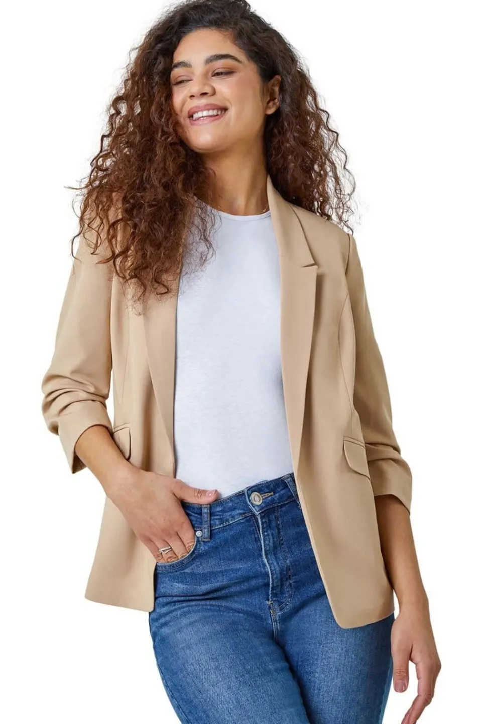 Coats & Jackets>Roman Ruched 3/4 Sleeve Stretch Blazer Jacket Natural