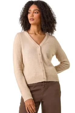 Tops>Roman Shimmer V-Neck Ribbed Cardigan Natural