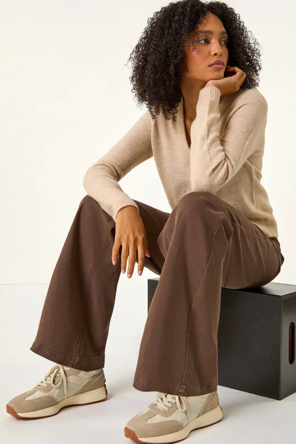 Tops>Roman Shimmer V-Neck Ribbed Cardigan Natural