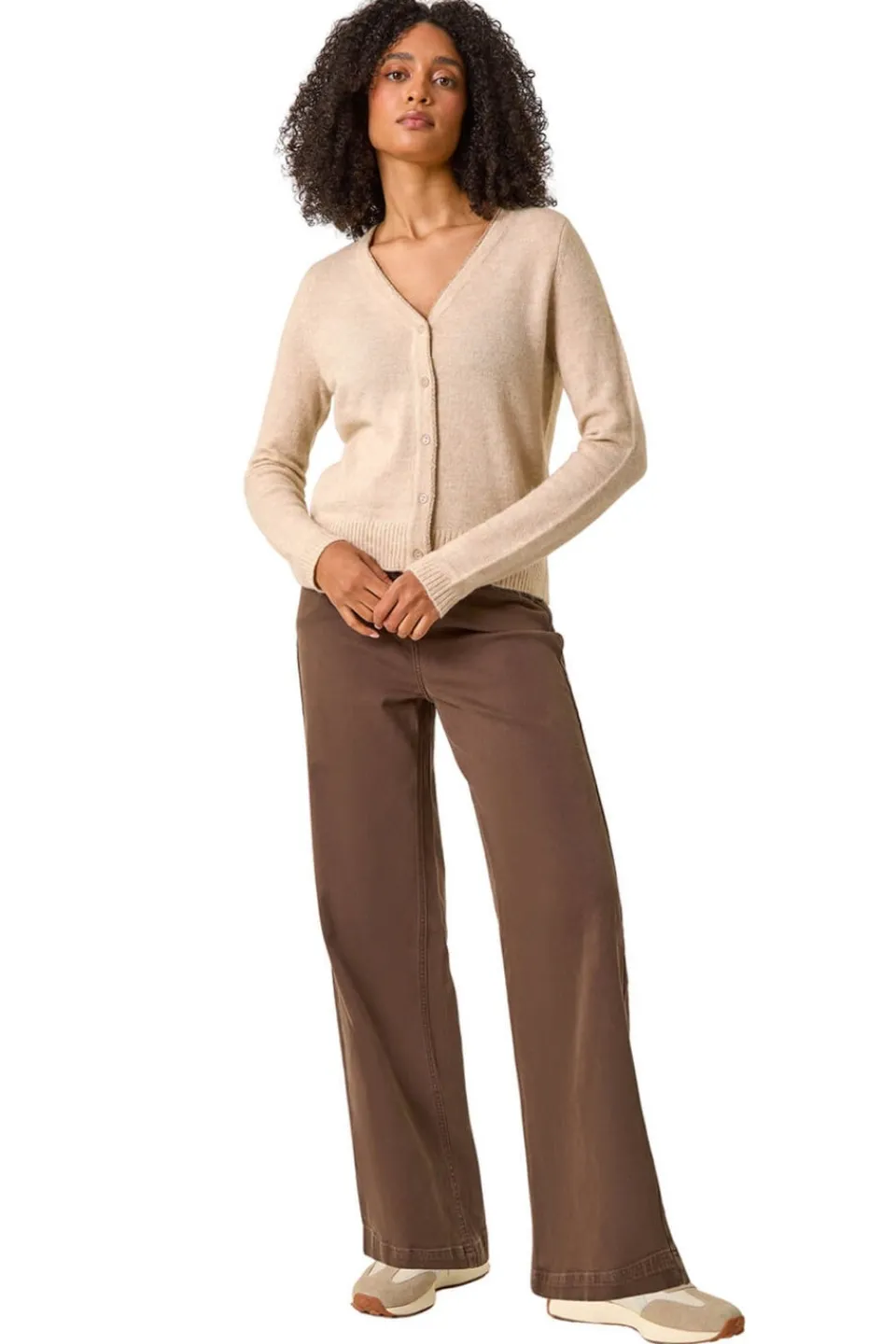 Tops>Roman Shimmer V-Neck Ribbed Cardigan Natural