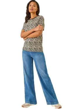 Tops>Roman Natural Textured Animal Print Stretch Tee