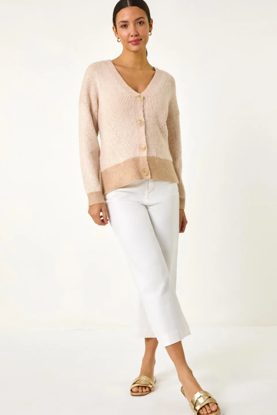 Knitwear>Roman Natural Textured V-Neck Knit Cardigan
