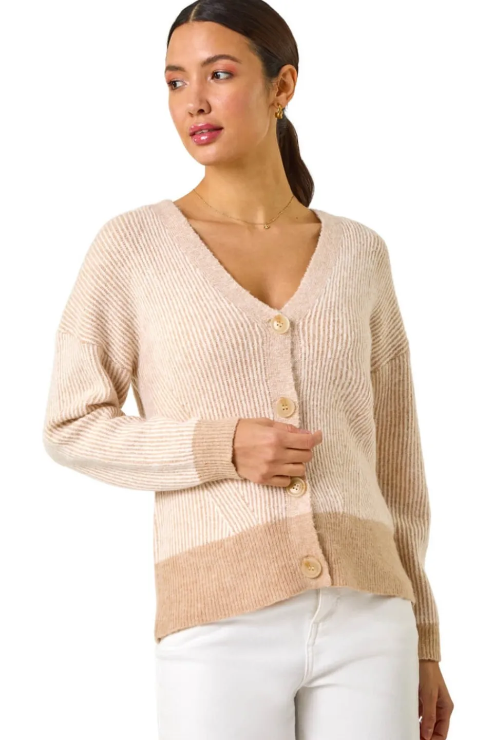 Knitwear>Roman Natural Textured V-Neck Knit Cardigan