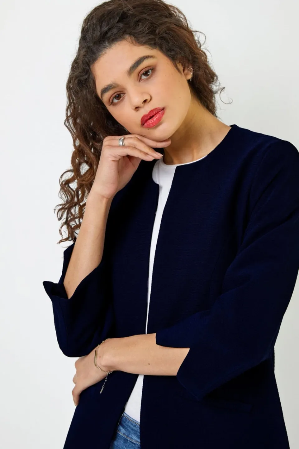 Coats & Jackets>Roman 3/4 Sleeve Textured Longline Jacket Navy
