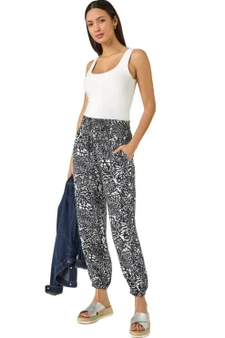 Trousers>Roman Navy Abstract Animal Print Tie Waist Trousers