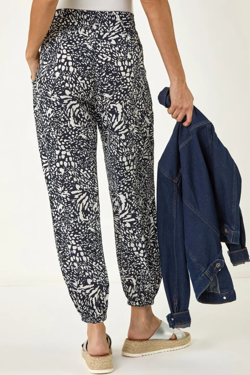 Trousers>Roman Navy Abstract Animal Print Tie Waist Trousers