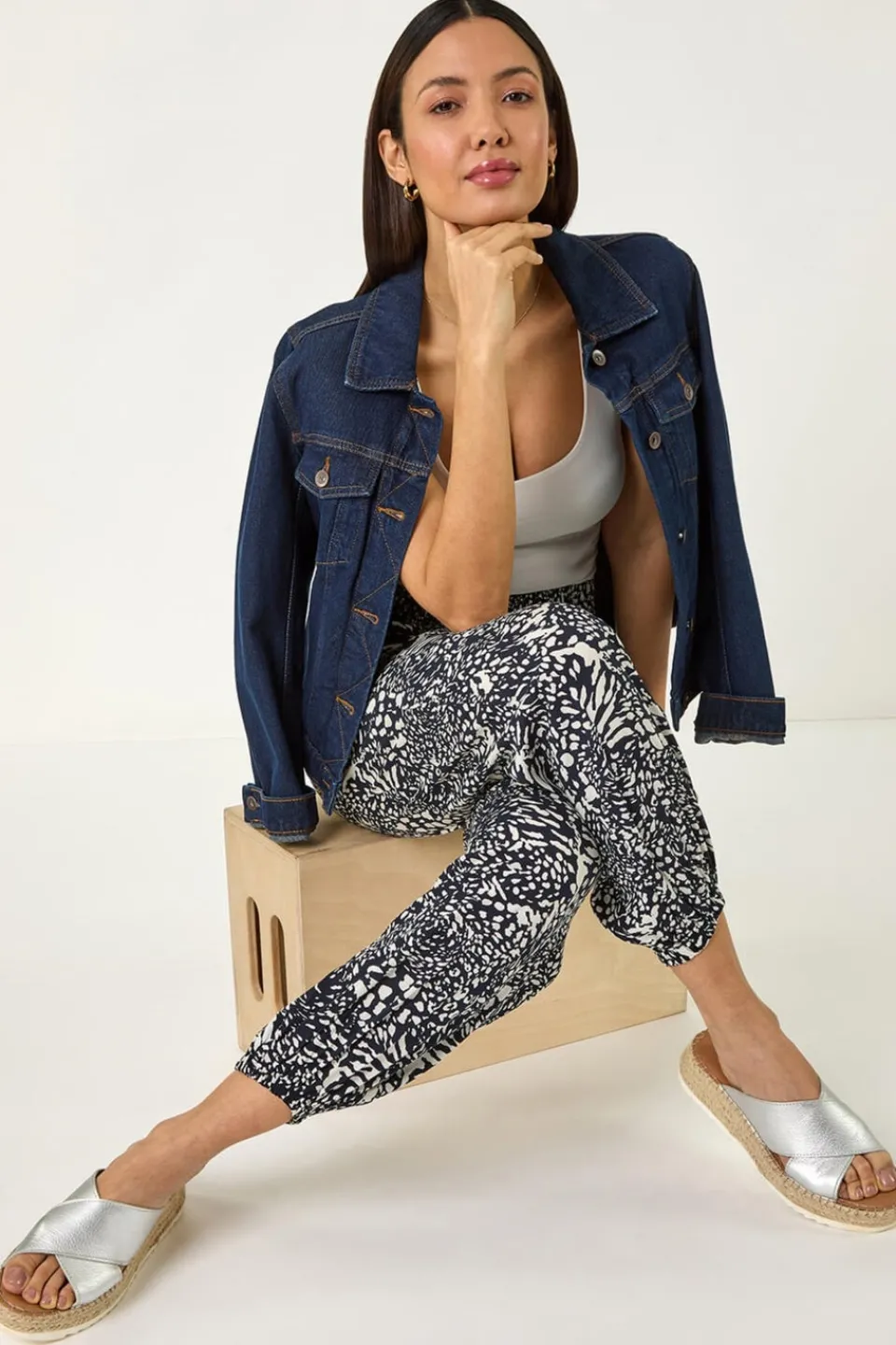 Trousers>Roman Navy Abstract Animal Print Tie Waist Trousers