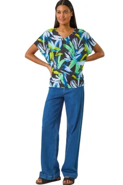 T-Shirts>Roman Navy Abstract Print V-Neck Stretch Top
