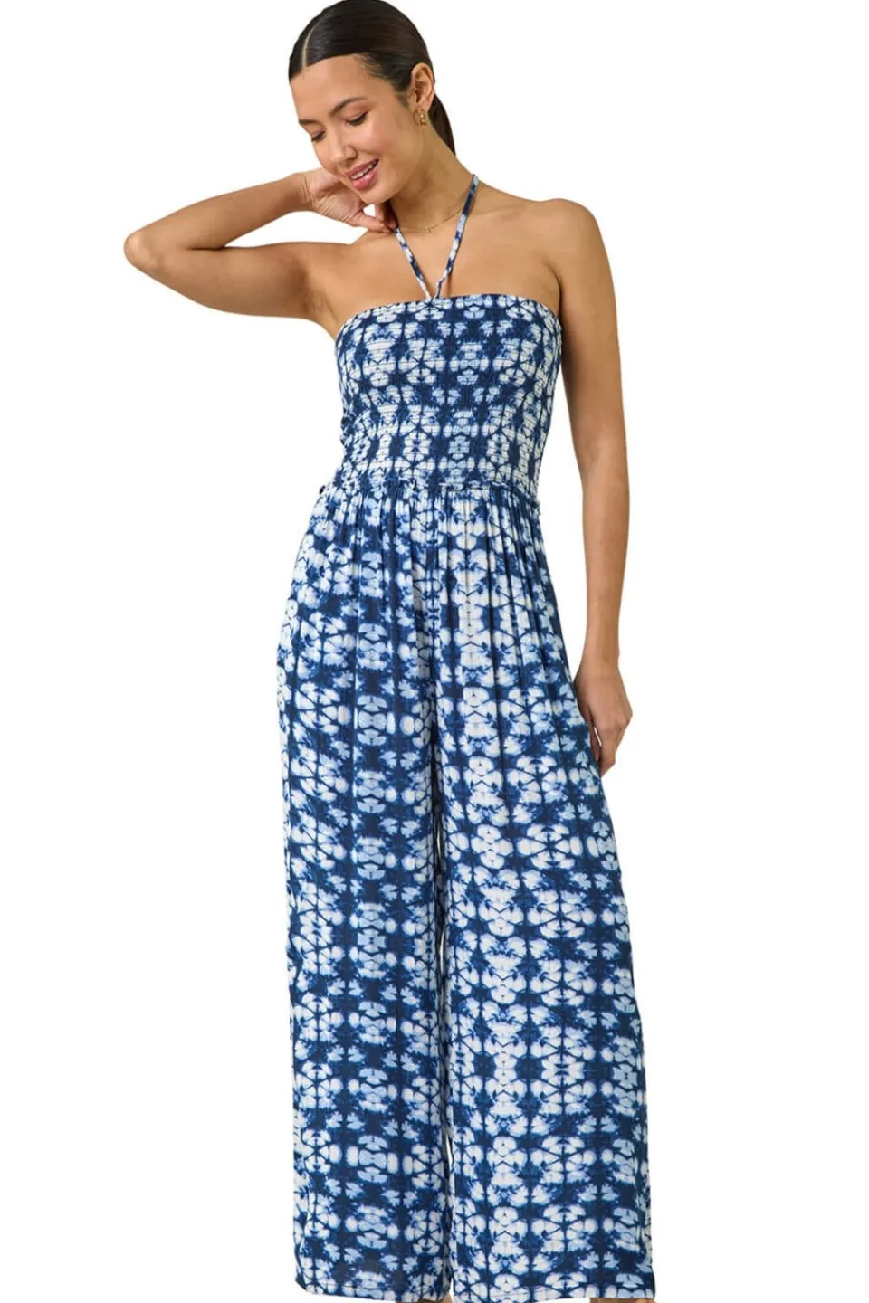 Jumpsuits & Playsuits>Roman Navy Abstract Shirred Bardot Jumpsuit