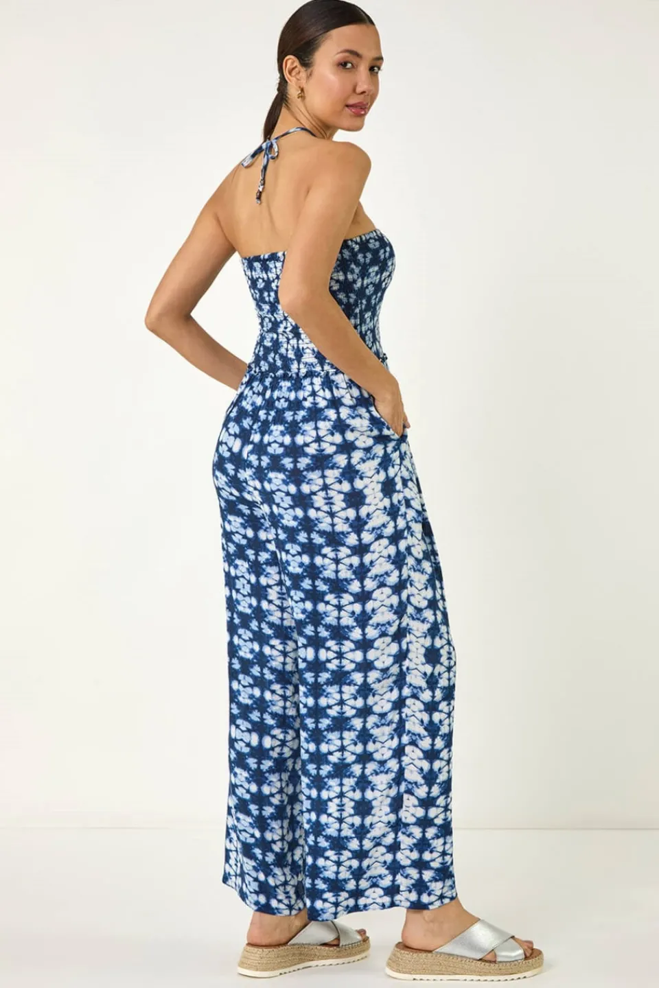 Jumpsuits & Playsuits>Roman Navy Abstract Shirred Bardot Jumpsuit