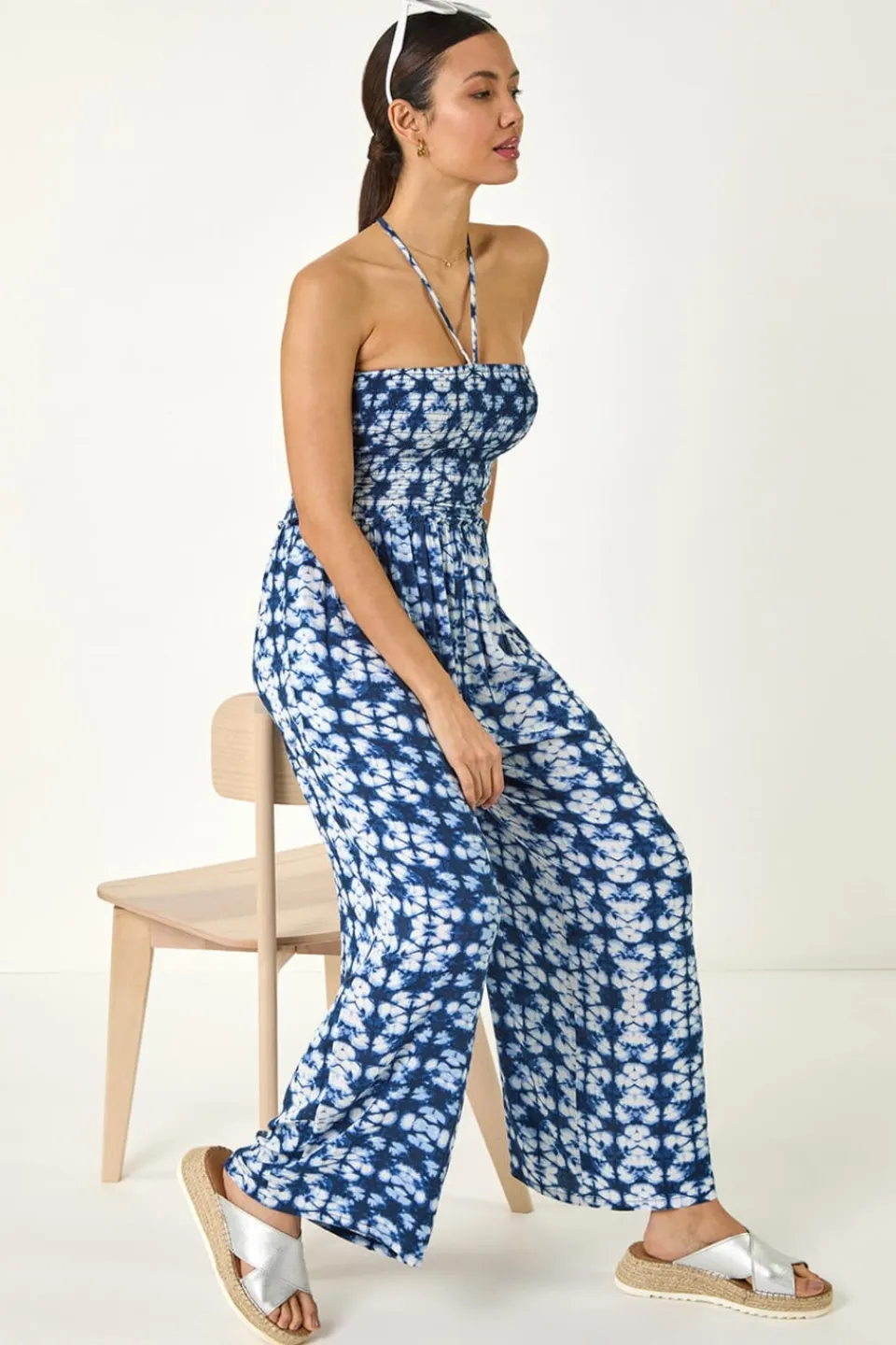 Jumpsuits & Playsuits>Roman Navy Abstract Shirred Bardot Jumpsuit