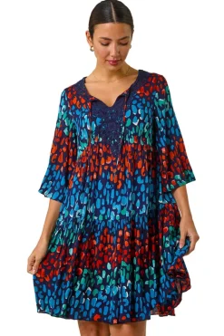 Dresses>Roman Navy Abstract Spot Print Lace Trim Dress