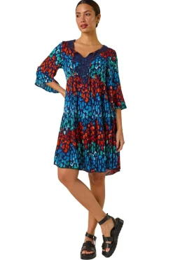Dresses>Roman Navy Abstract Spot Print Lace Trim Dress