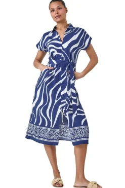 Dresses>Roman Navy Animal Border Print Pocket Midi Dress