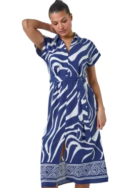 Dresses>Roman Navy Animal Border Print Pocket Midi Dress