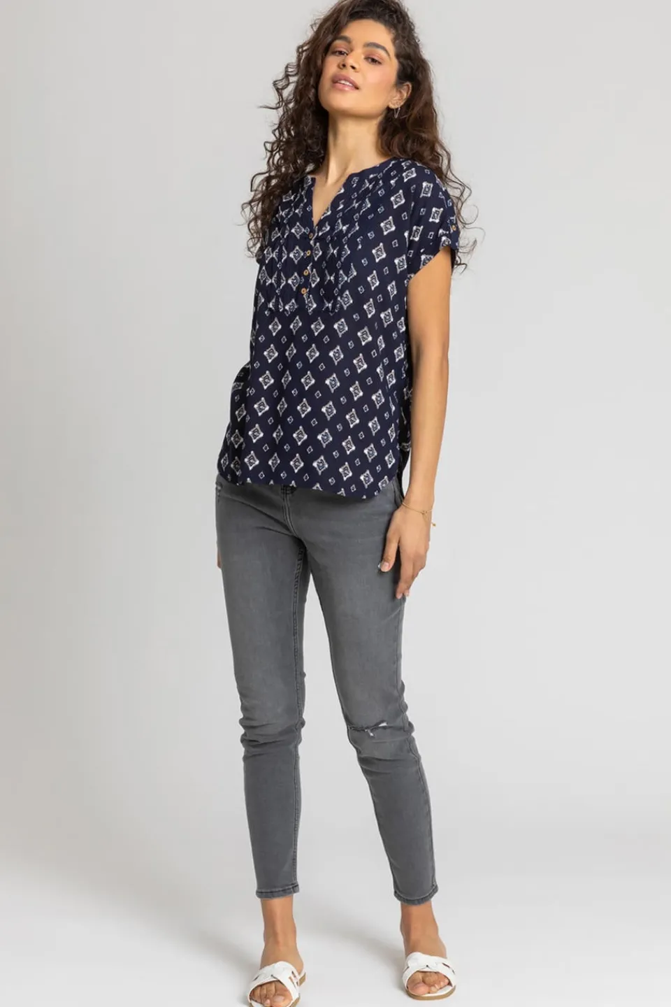 T-Shirts>Roman Navy Aztec Print Button V-Neck Detail Top