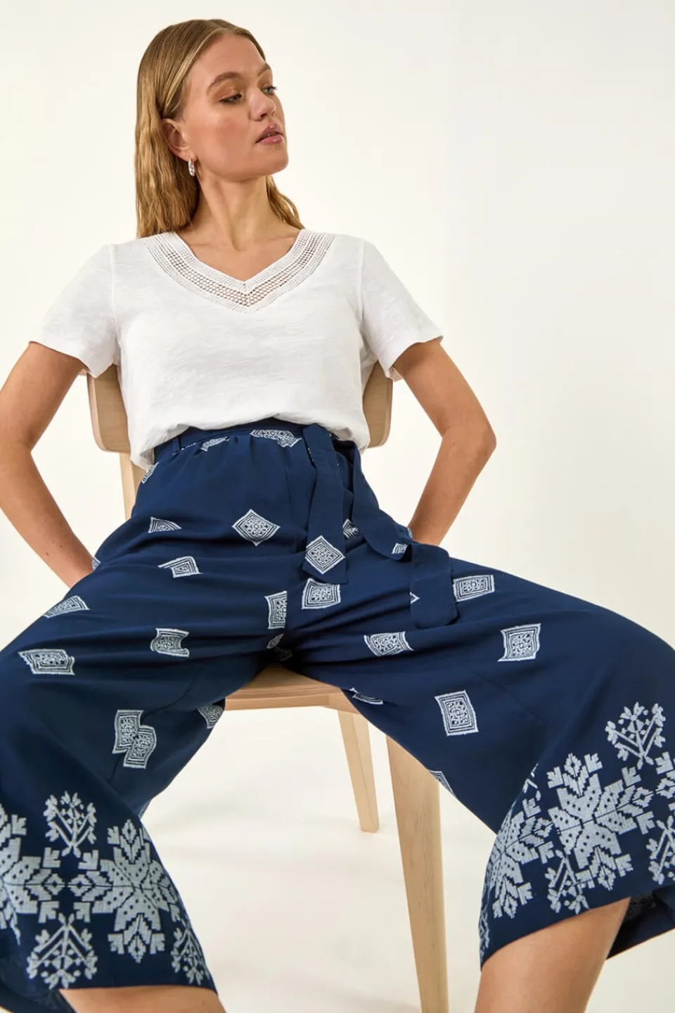 Trousers>Roman Navy Border Print Belted Trouser