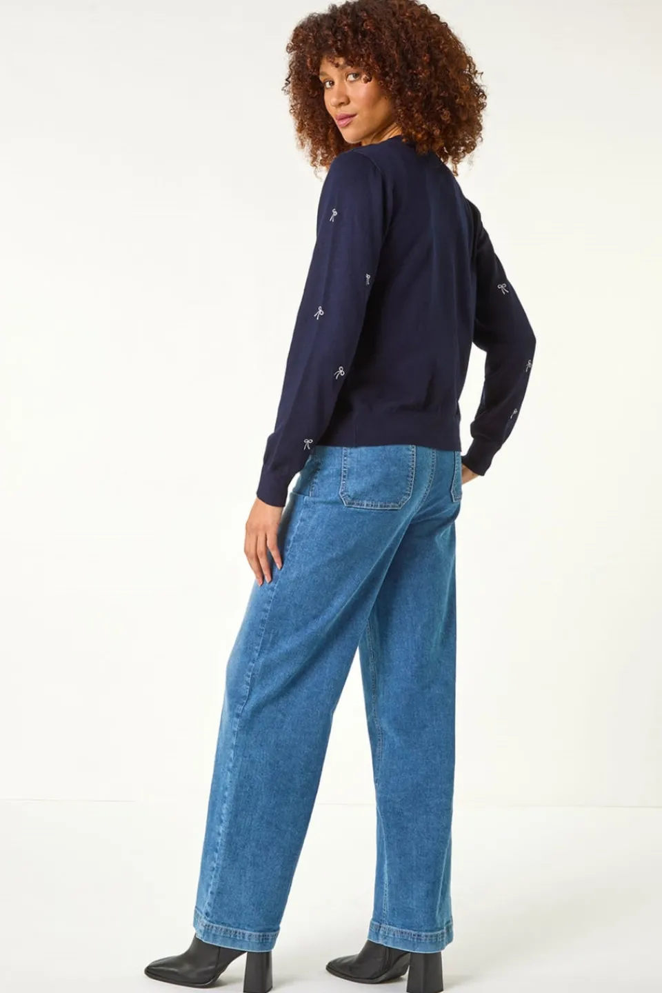 Tops>Roman Bow Embroidered Cardigan Navy