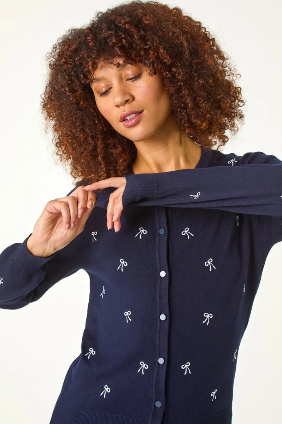 Tops>Roman Bow Embroidered Cardigan Navy