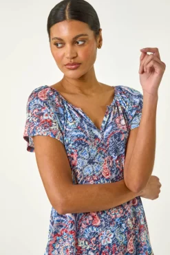T-Shirts>Roman Navy Burnout Print V-Neck Raglan Top