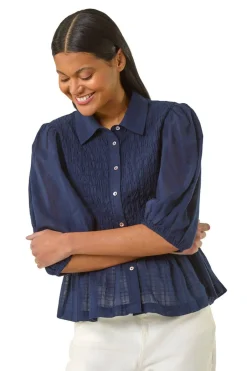 Tops>Roman Navy Collar Shirred Button Blouse