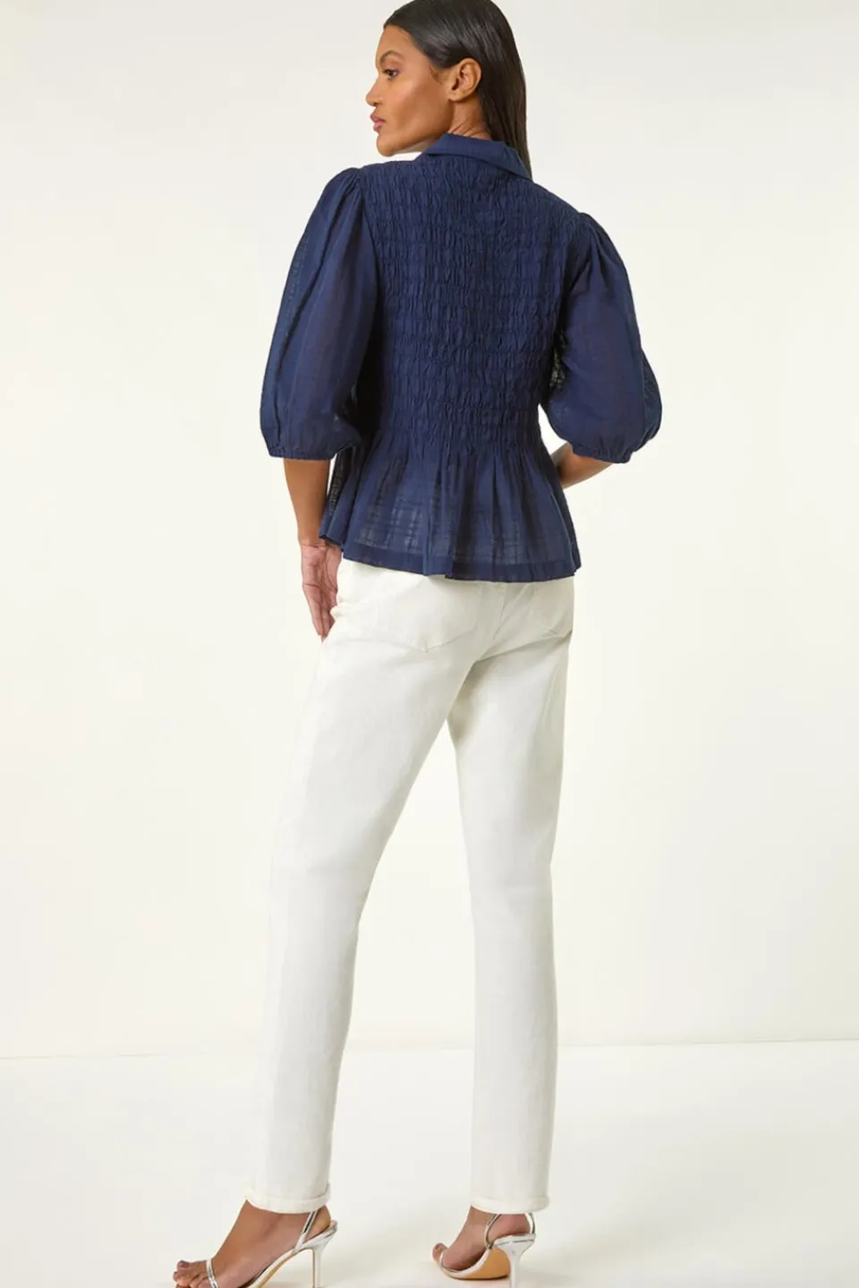 Tops>Roman Navy Collar Shirred Button Blouse