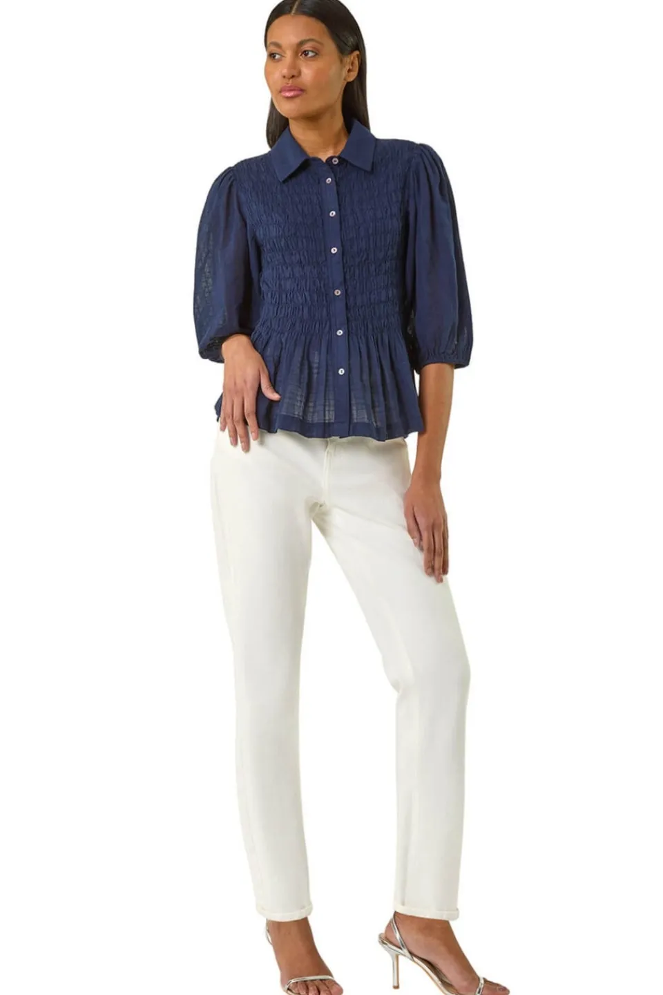 Tops>Roman Navy Collar Shirred Button Blouse
