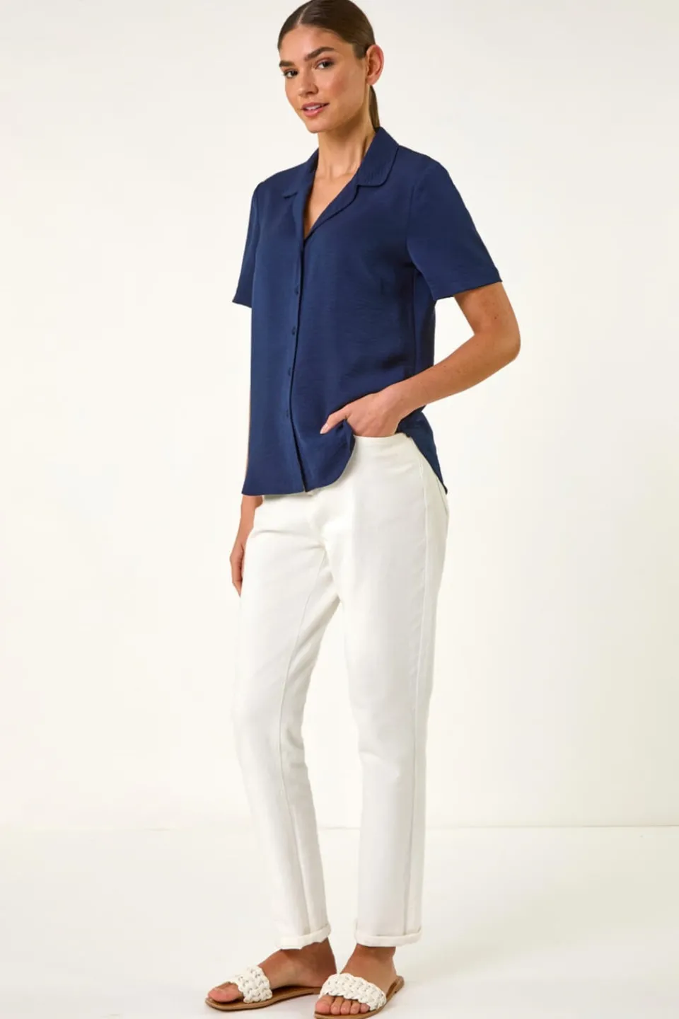 Tops>Roman Navy Collared Short Sleeve Blouse