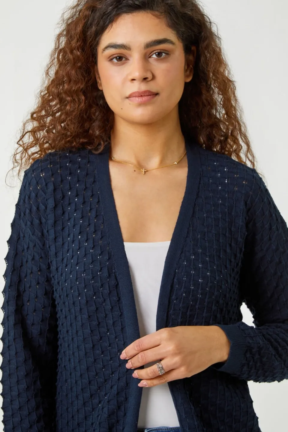 Tops>Roman Navy Cotton Blend Waffle Knit Cardigan