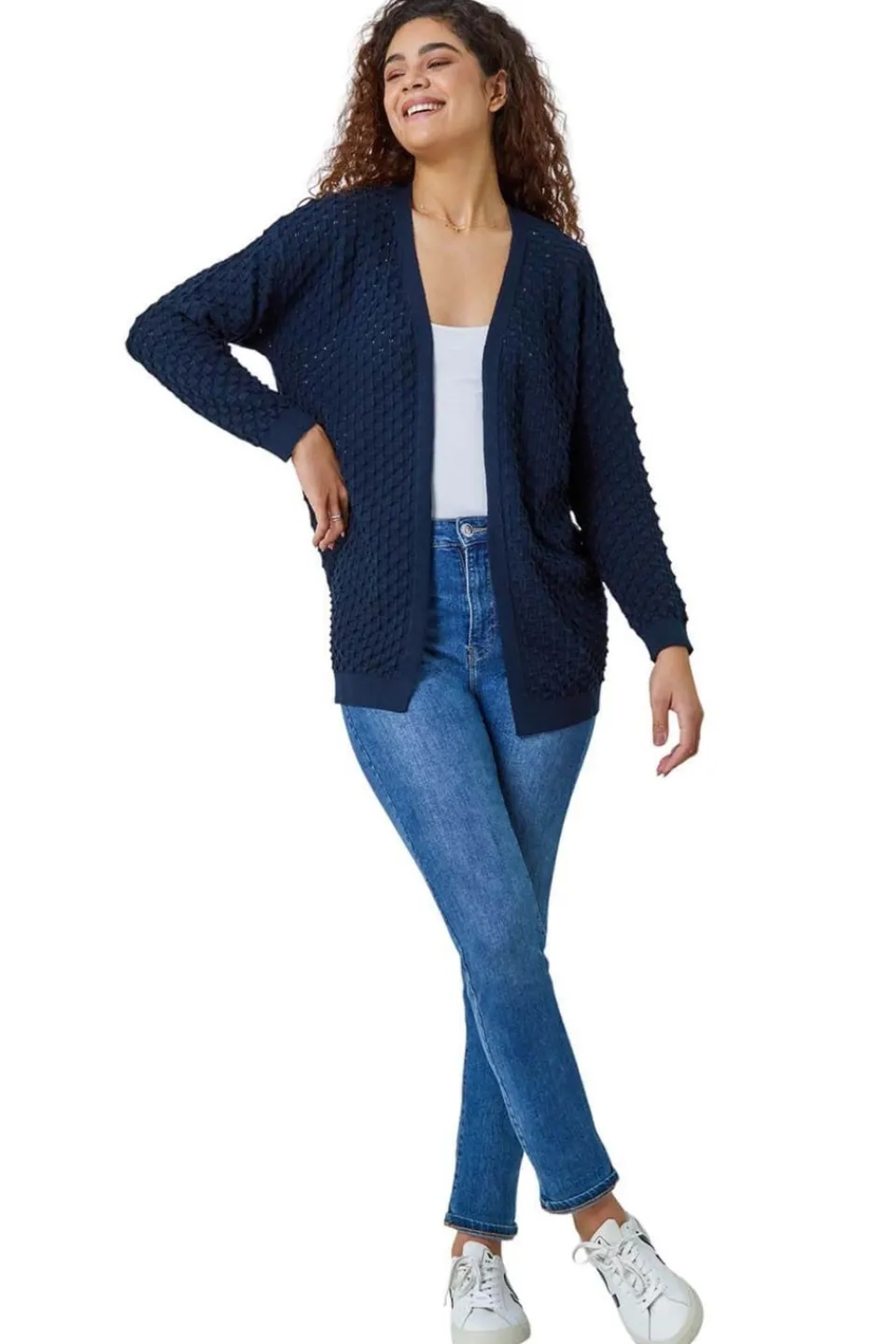Tops>Roman Navy Cotton Blend Waffle Knit Cardigan