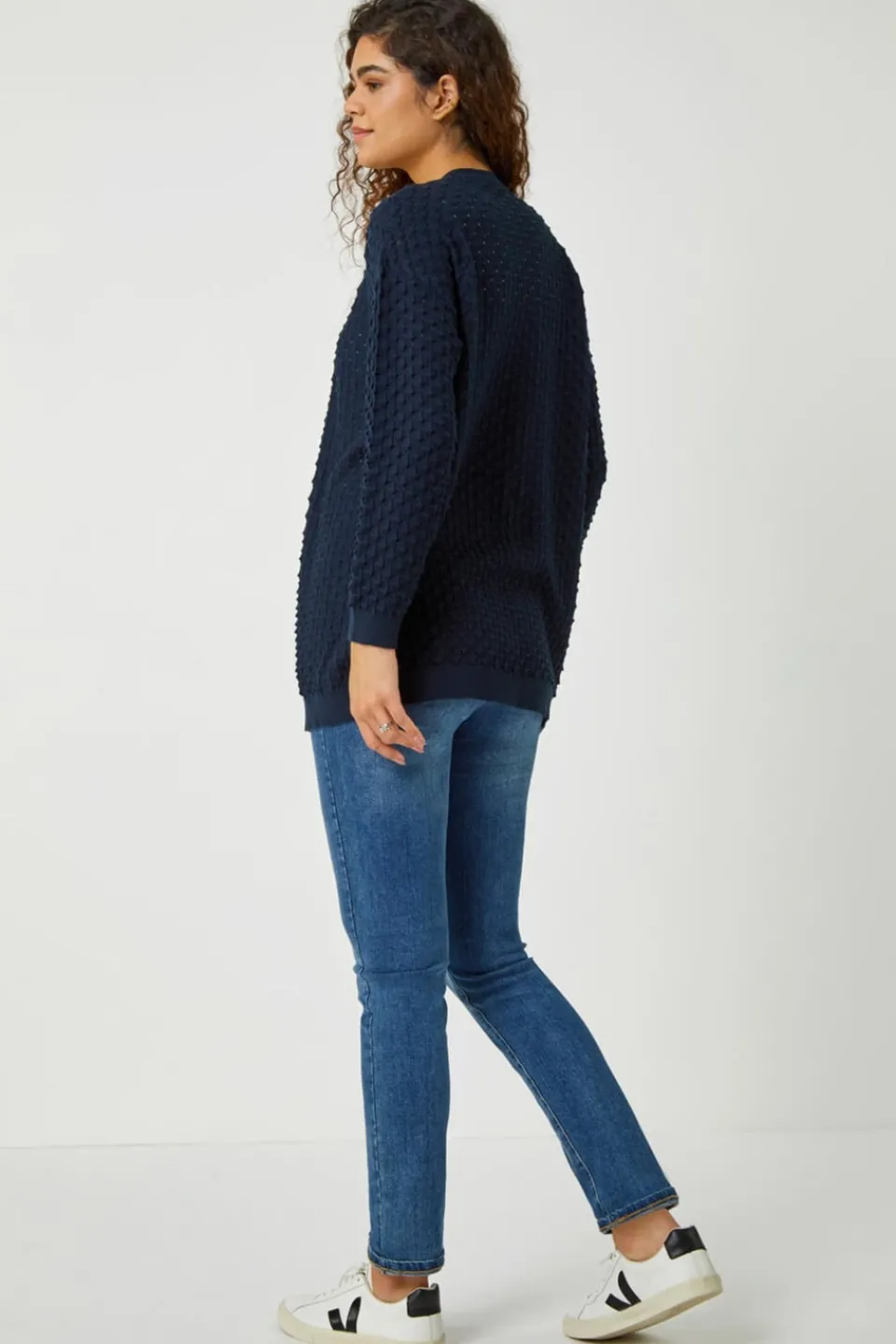 Tops>Roman Navy Cotton Blend Waffle Knit Cardigan