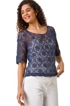 T-Shirts>Roman Navy Cotton Crochet T-Shirt