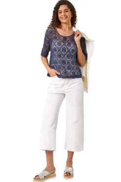 T-Shirts>Roman Navy Cotton Crochet T-Shirt
