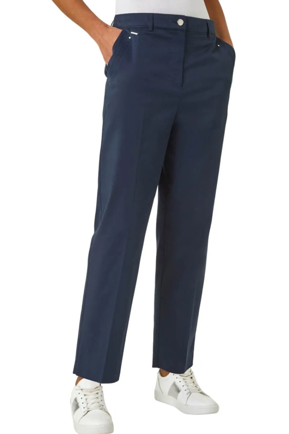 Trousers>Roman Navy Cotton Full Length Stretch Trouser