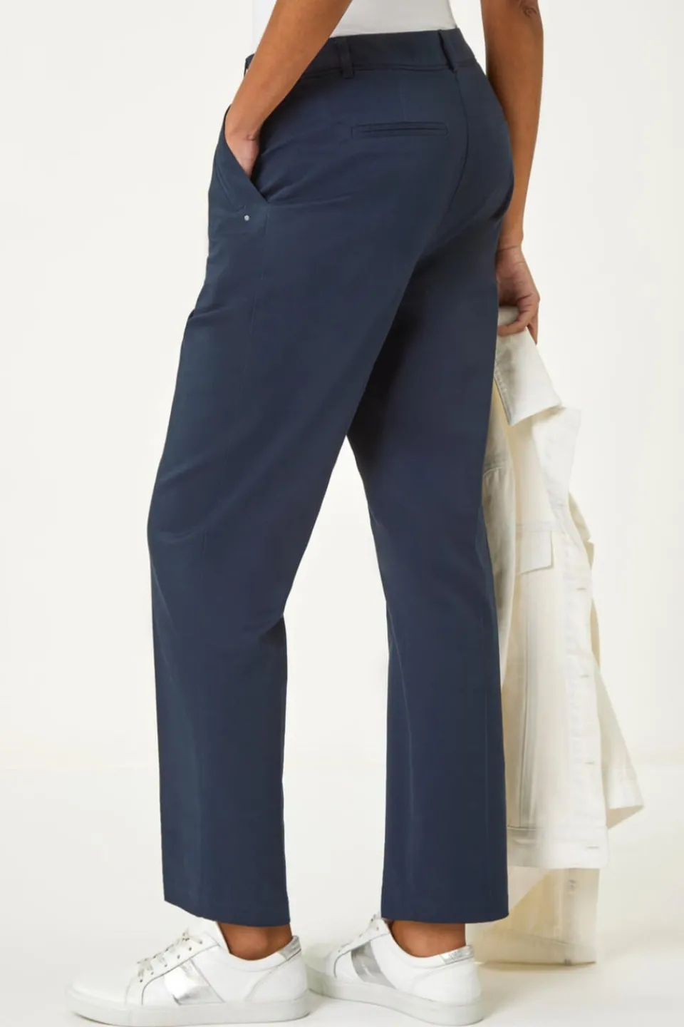 Trousers>Roman Navy Cotton Full Length Stretch Trouser